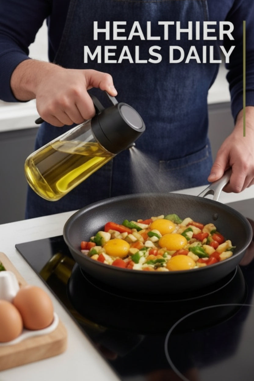 A person in a dark blue apron pours oil from a clear glass bottle with a black lid into a black frying pan containing colorful vegetables and eggs, with the text 'HEALTHIER MEALS DAILY' at the top.